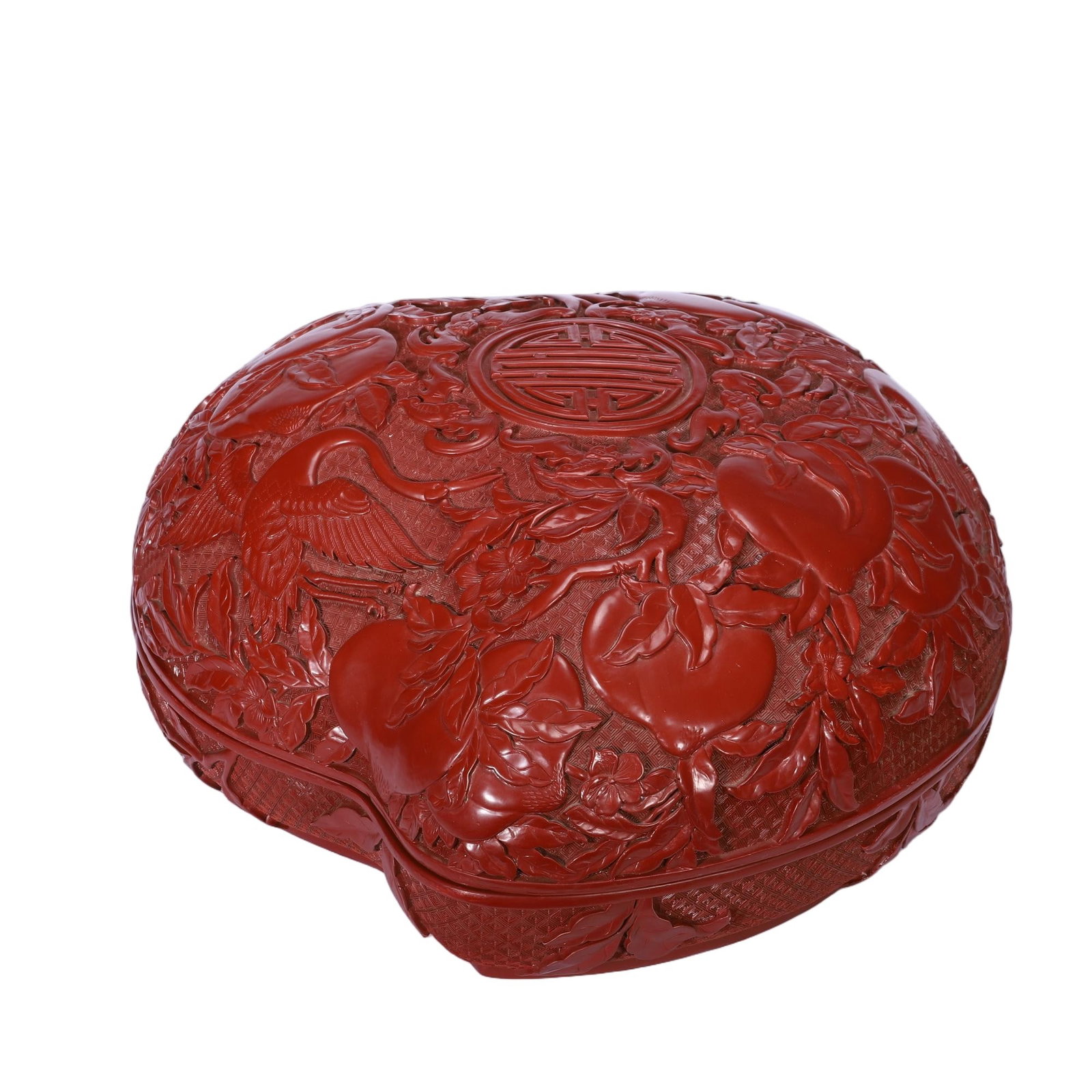A CHINESE CINNABAR LACQUER "LONGEVITY" PEACH-SHAPED BOX (1 of 9)
