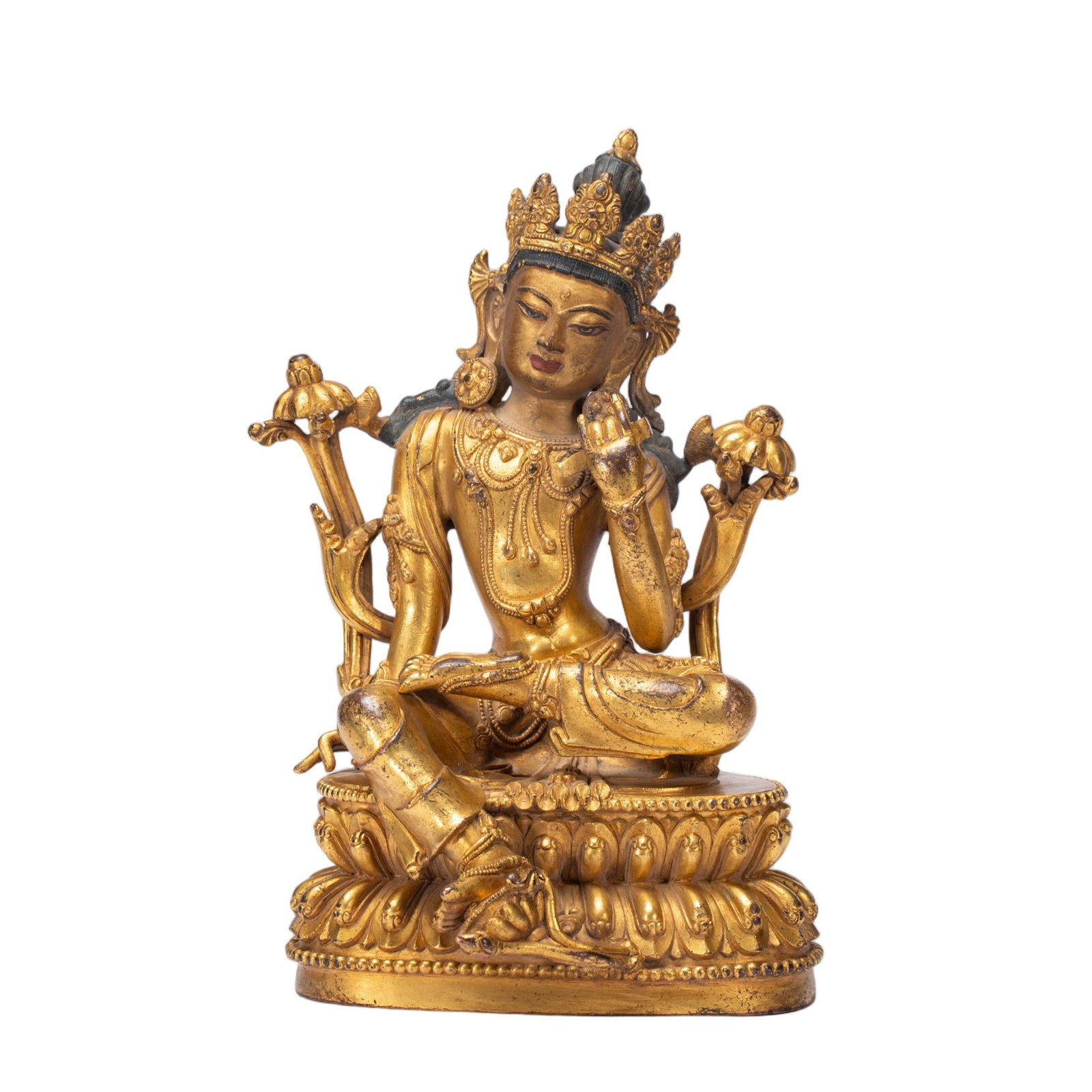 A CHINESE GILT-BRONZE BODHISATTVA STATUE: Dimensions:L. 13 cm. W. 12 cm. H. 22 cm. Weight 2010 grams. A Chinese gilt-bronze Bodhisattva statue, likely depicting the compassionate deity Tara, crafted in the refined Sino-Tibetan style of