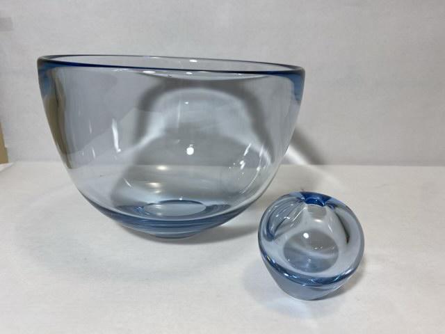 Holmegaard Bowl and Vase: Holmegaard, Art Glass Bowl and Vase, sapphire blue, etched Holmegaard, Bowl 7" Vase 2.5"