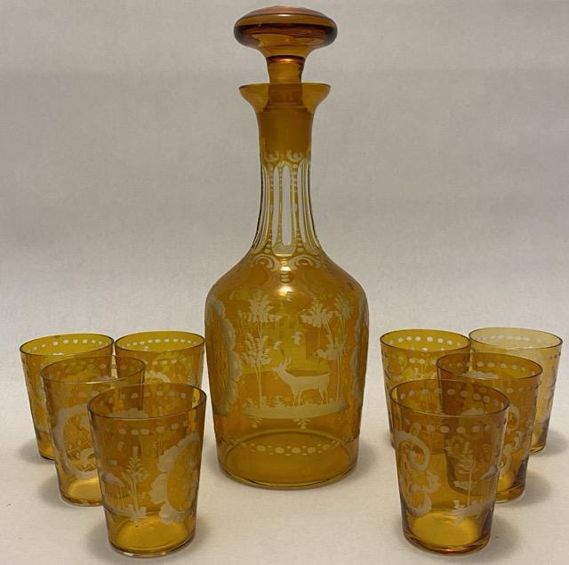 Amber Bohemian Cut to Clear Decanter and Glasses (1 of 5)