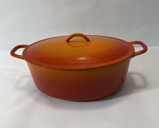 Vintage Descoware Dutch Oven: Vintage Descoware Oval Dutch Oven, Cast Iron enameled, flame orange 4.5" deep, 14" handle to handle, Made in Belgium