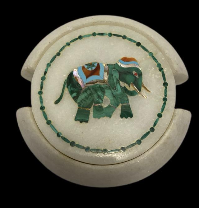 Elephant Coaster Set: Set of 6 stone inlay elephant coasters 3.5" with holder. excellent condition.