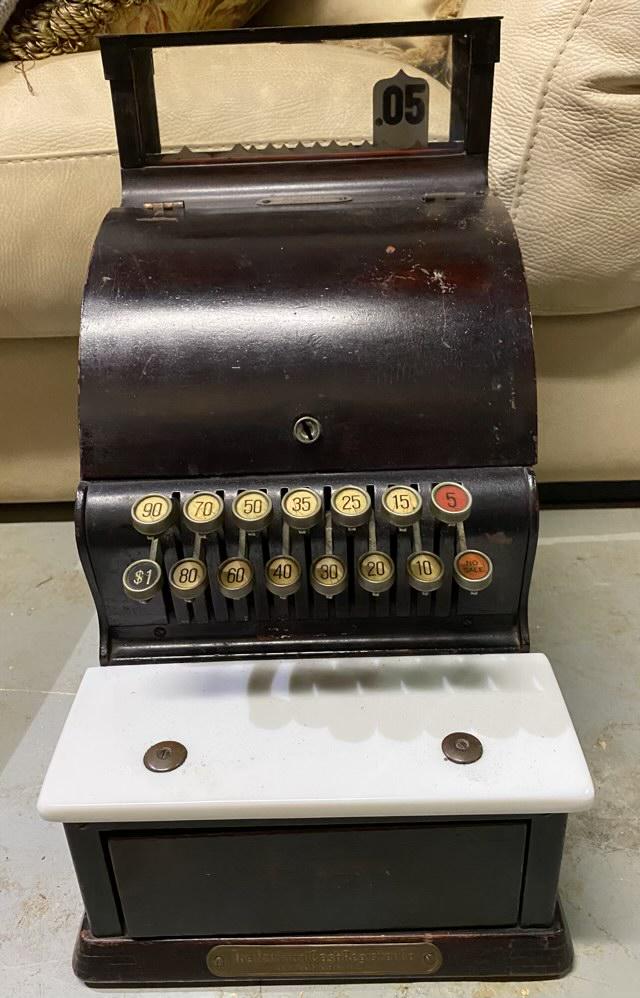 Antique Cash Register: Antique cash register, opens, no keys.