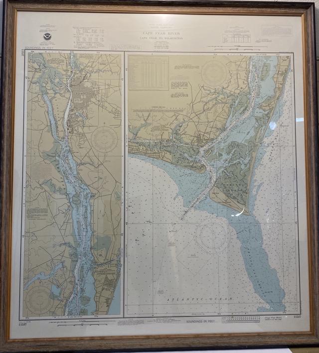 Framed Cape Fear River Map: Framed map of the Cape Fear River, 37" x 40.5".
