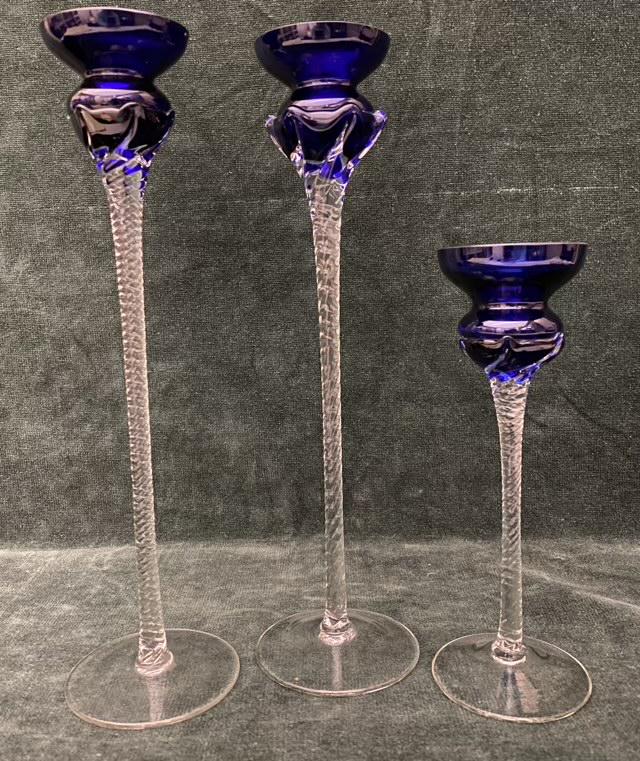Lot of 3 Blue Twist Stem Glass Candlesticks (1 of 6)