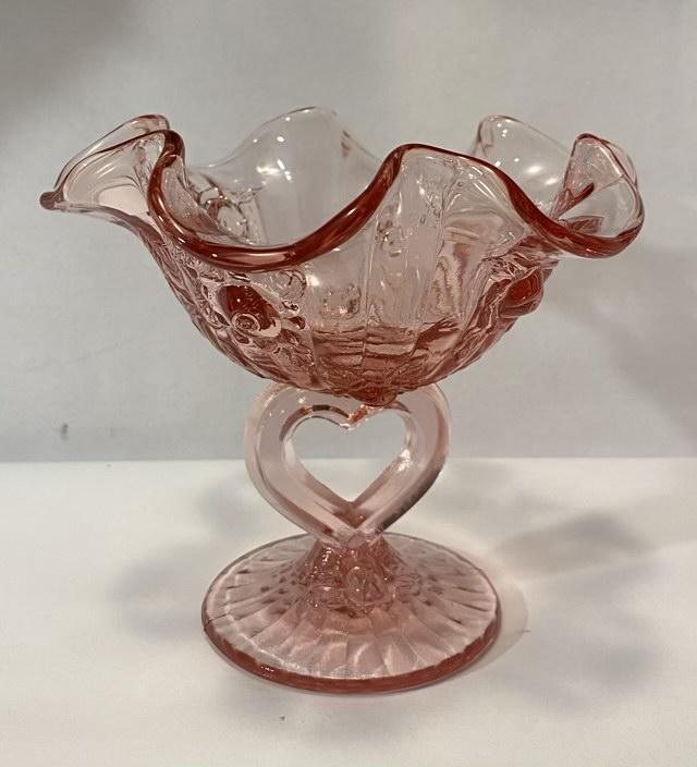 Fenton Pink Heart Bowl: Fenton heart bowl, pink 5.5" x 5" ruffled top, 3" base, Fenton logo on bottom
