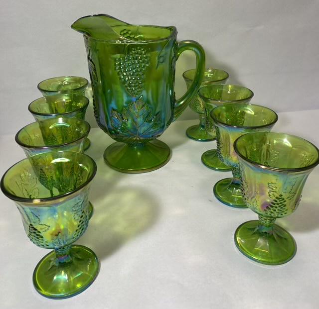 Green carnival Glass Pitcher & Goblets: Vintage green grape carnival glass pitcher 10" with 8 matching goblets