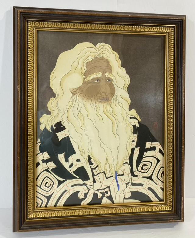 Paul Jacoulet Japanese Woodblock Print: Paul Jacoulet (French/Japanese1896â€“1960), Viel Aino, woodblock print, center left with the signature and seal, 19"h x 15.25"w, overall (frame): 15.25" x11.5" Sight