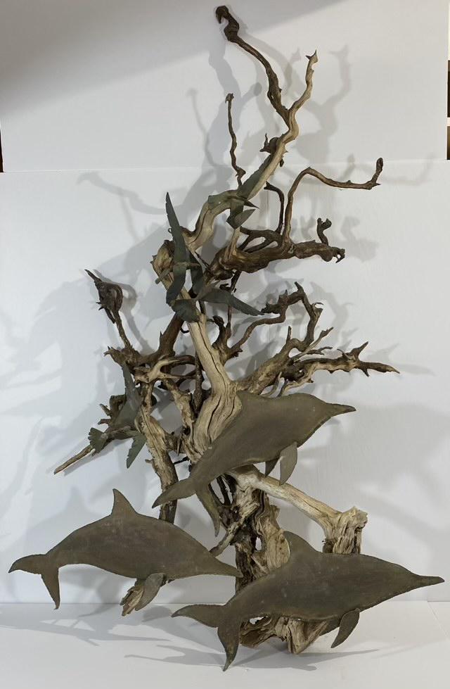 Vintage Driftwood with Metal Birds and Dolpins: Old fragile driftwood piece with metal dophin and seagull decorations, approximately 40" x 28" x 6"