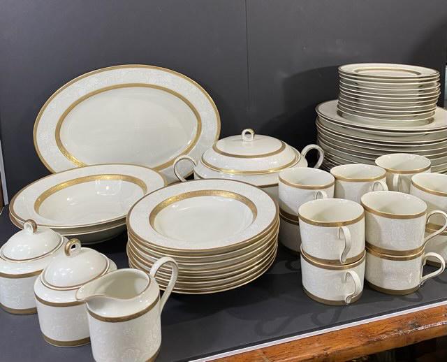 Mikasa Antique Lace Dish Set: Mikasa Antique Lace, Japan 1-14"Platter, 2-10"Serving Bowls, 13-11"Dinner Plates, 11-7.5"Salad Plates, 8-8,5"Soup Bowls, 12 Cups, 2 Sugar, 1 Creamer, 1-Covered Casserole