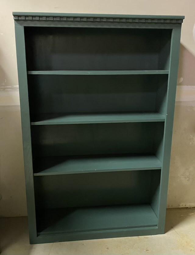 Green Wooden Bookcase: 4 adjustable shelves, 39"wide x 60"tall x 13"deep