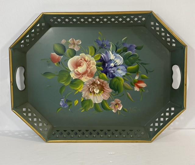 Nashco Hand Painted Tole Tray: Vintage hand painted tole tray with reticulated edge, 15" x 20" x 1.5"