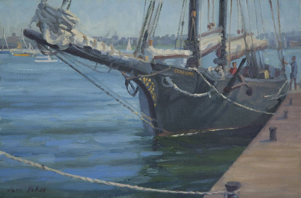 Copley Society: Ernestina, Sam Vokey: Oil painting of the schooner Ernestina painted on Boston Harbor by Sam Vokey, Copley Master. Ernestina was built in 1894 for the Gloucester fishing fleet and has made numerous educational voyages to t