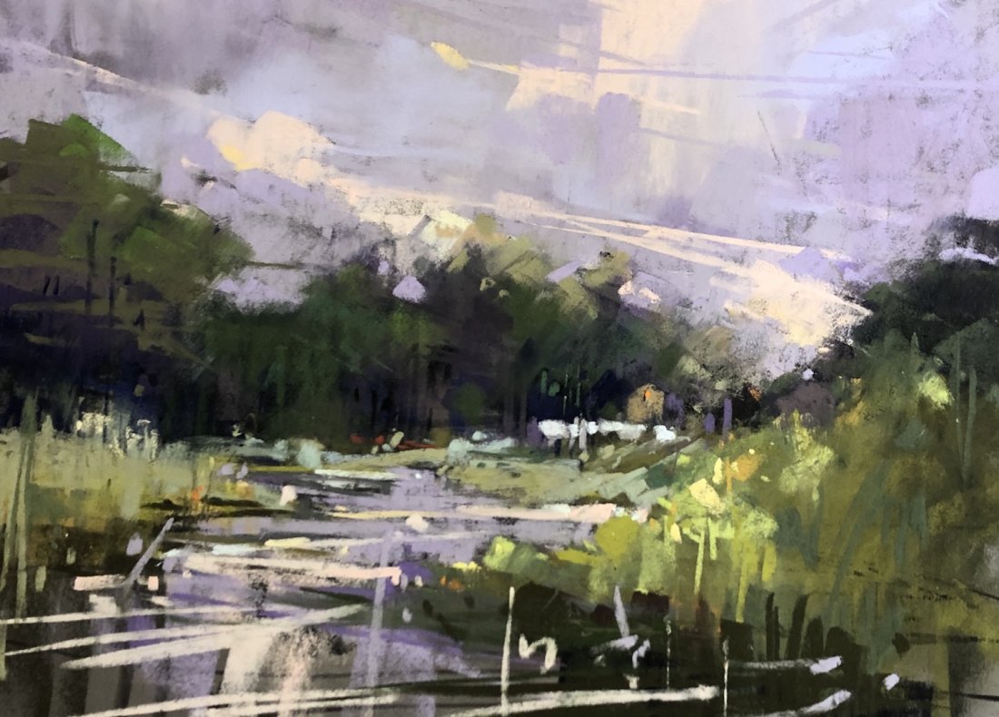 Copley Society: Dusk on the Marsh, Laurinda O: Landscape pastel painting of dusk settling over a marsh by Laurinda O'Connor