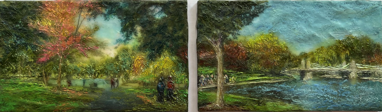 Afternoon in the Park: Robin Samilijan's diptych presents leafy green afternoon along a river bed inside a park, created with mixed mediums.
