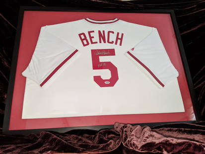 Johnny Bench autographed and framed jersey - PSA / DNA: A PSA / DNA authenticated Johnny Bench autographed Cincinnati Reds jersey. Bench played catcher for the Cincinnati Reds from 1967 through 1983. He was the leader of the Reds team known as the Big Red