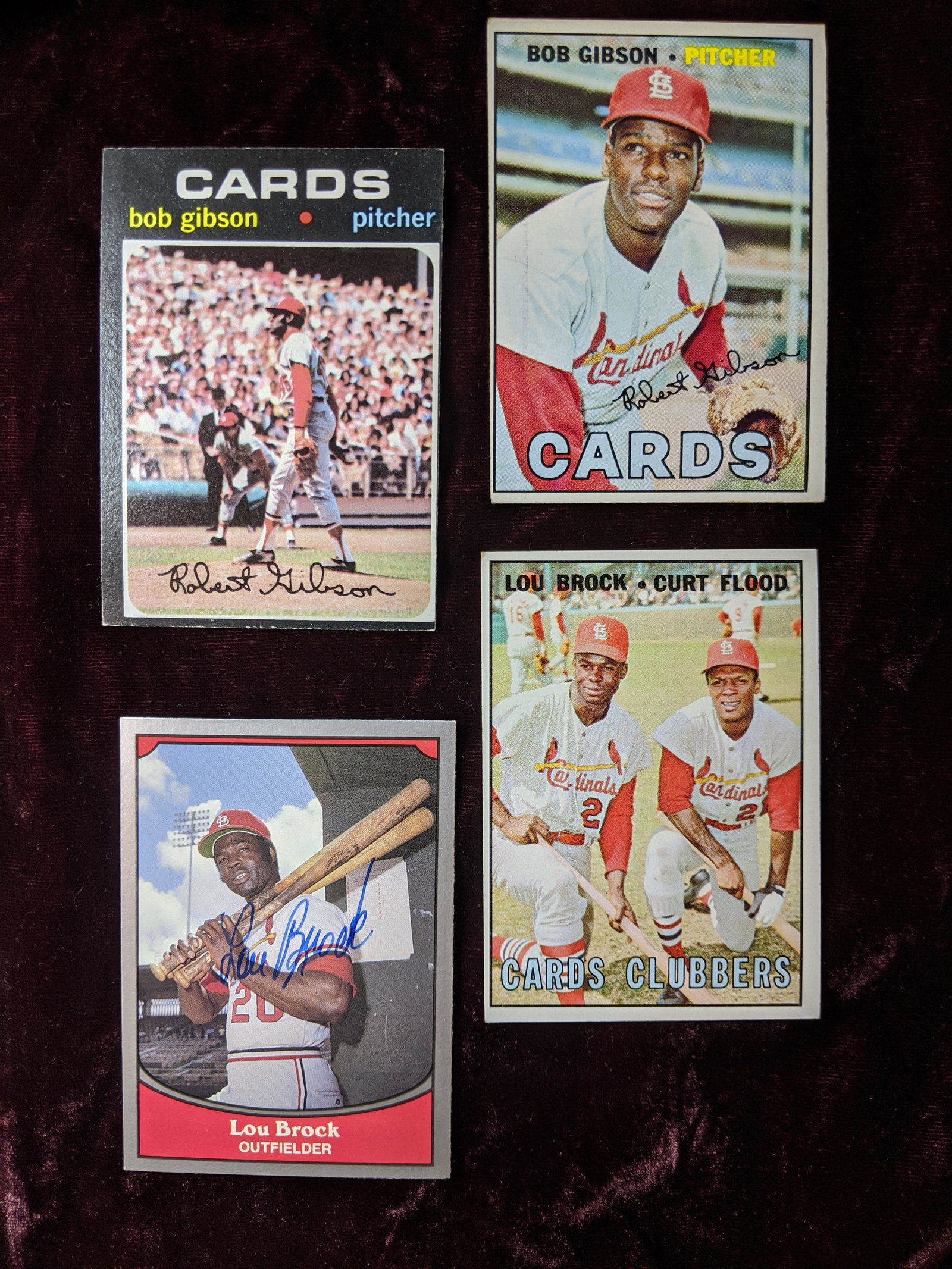 Cardinals Greats Lou Brock and Bob Gibson card lot: 1990 Pacific Trading Cards Lou Brock #12 signed and yet to be authenticated, 1967 Topps Lou Brock and Curt Flood Cards Clubbers #63, 1967 Topps Bob Gibson #210 and 1971 Topps Bob Gibson #450. See phot