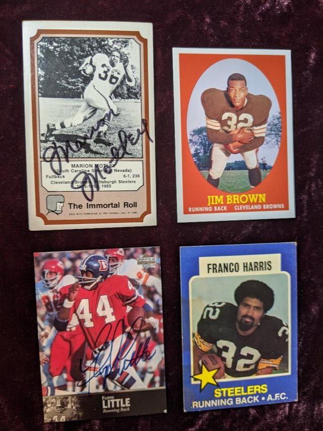 Jim Brown, Franco Harris, Floyd Little, Marion Motley: Lot of four ball carrier greats: 1997 Upper Deck warranted autographed NFL Legends Floyd Little AL-44, 1974 Fleer The Immortal Roll Marion Motley signed (yet to be authenticated), 2007 Topps Jim Brown
