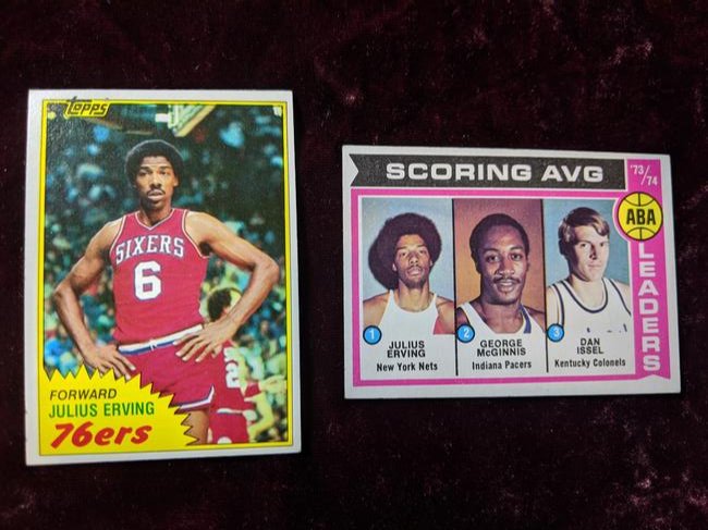 The Doctor Julius Erving basketball card lot: The Doctor Julius Erving basketball card lot: 1981 Topps Julius Erving #30 and 1974 Topps #207 ABA Scoring Average Leaders Julius Erving, George McGinnis, Dan Issel. See photos for condition of cards.