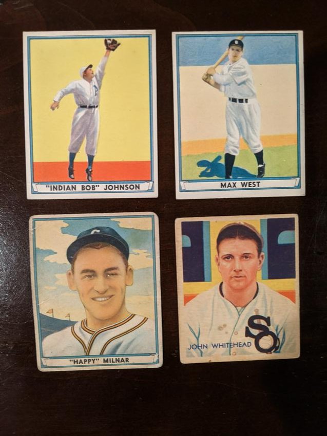Gum, Inc. Play Ball and National Chicle Co. card lot: 1941 Gum, Inc. Play Ball Robert Lee Johnson #22, Max Edward West #2, Albert Milnar #33 and National Chicle Co. Diamond Stars John Whitehead No. 51. See photos for condition.