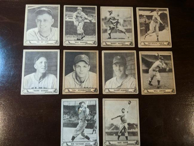 1940 Gum, Inc. Play Ball lot: 1940 Gum, Inc. Play Ball lot of 10 cards: Vitt, Posedel, Hassett, Hamlin, Gowdy, Schumacher, Gumbert, Jurges, Seeds, Suhr. See photos for condition.