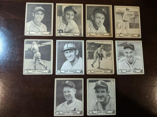 1940 Gum, Inc. Play Ball lot: 1940 Gum, Inc. Play Ball lot of 10 cards: May, Klein, Young, Rizzo, Padgett, Gonzales, Hoyt, Ruel, Pippen, Auker. See photos for condition.