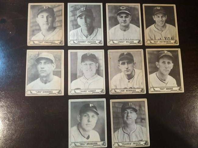 1940 Gum, Inc. Play Ball lot: 1940 Gum, Inc. Play Ball lot of 10 cards: Pressnell, Hudson, Wilson, Hayworth, Chiozza, Lobert, Bowman, Berres, Brubaker, Frisch. See photos for condition.
