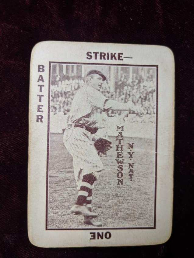 Christy Mathewson 1913 National Game playing card: Christy Mathewson, the pride of Bucknell College, ranks right behind Walter Johnson as the best pitcher of the era, and one of the top five or six greatest pitchers of all time. With an amazing record