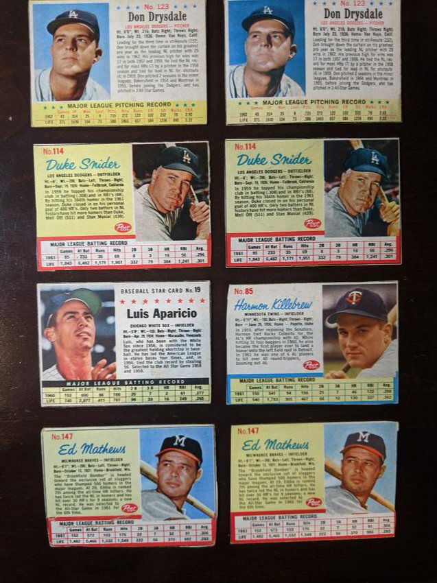 Post Cereal 8 card Baseball lot: Post Cereal 8 card lot: 1963 Don Drysdale No. 123 (2 cards), 1961 Duke Snider No. 114 (2 cards), 1961 Luis Aparicio Baseball Star Card No. 19, 1962 Harmon Killebrew No. 85, 1962 Ed Mathews #147 (2 car