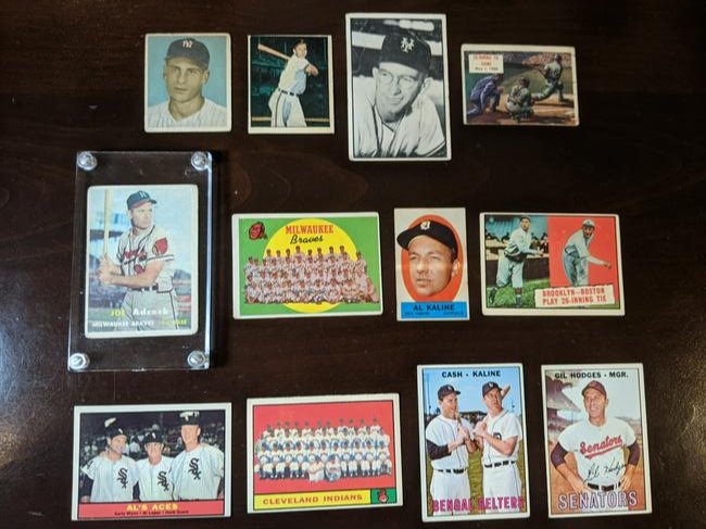 1948-1961 mixed baseball card lot: 1948-1961 mixed baseball lot of 12 cards: 1949 Bowman Randy Gumpert No. 87, 1951 Berk Ross Hit Parade of Champions Ralph Kiner No. 3-1, 1953 Bowman Black and White Bill Rigney #3, 1954 Topps Scoop #15