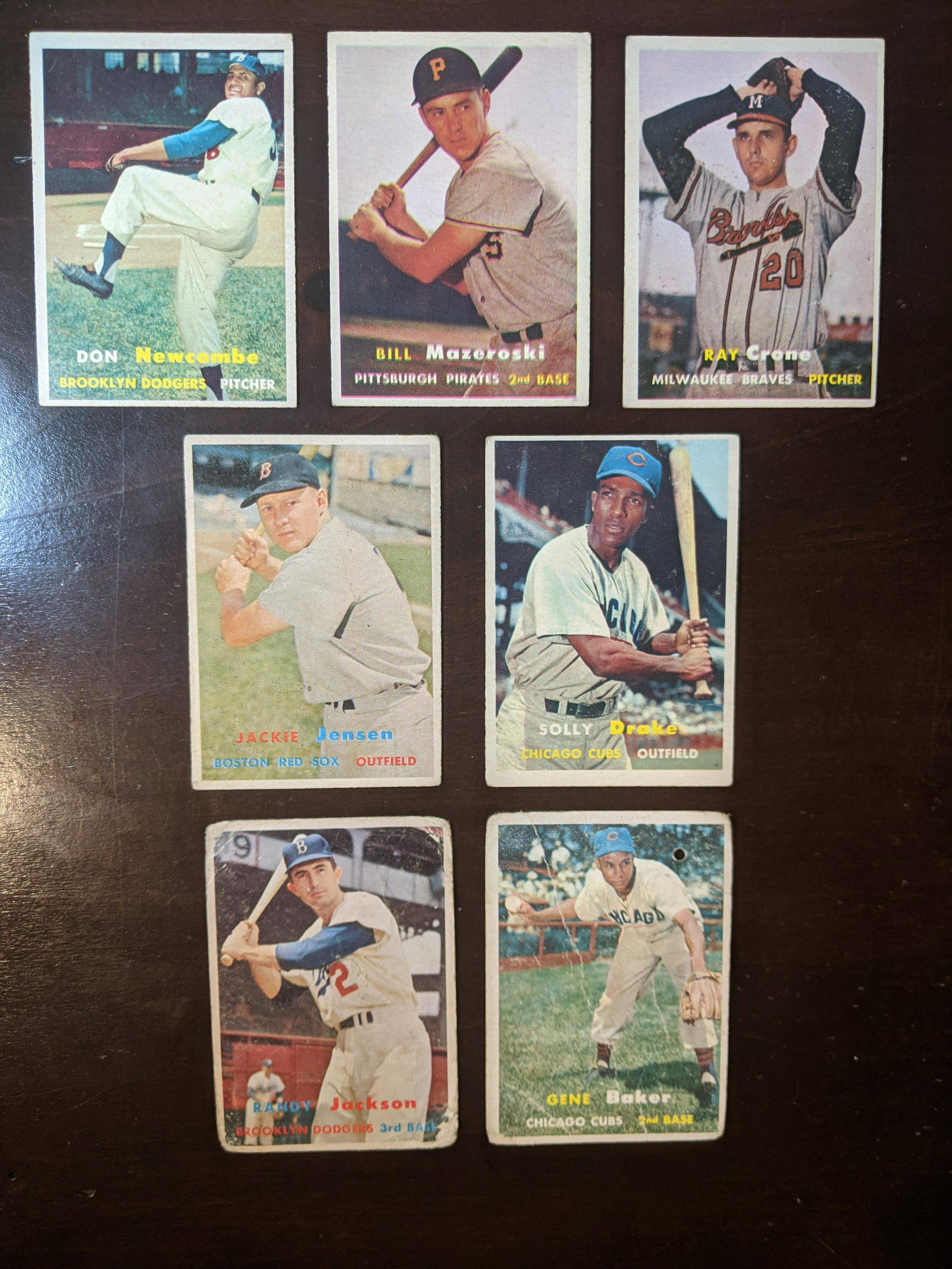1957 Topps Baseball card lot: 1957 Topps Baseball lot of 7 cards: Don Newcombe #130, William Mazeroski #24, Raymond Crone #68, Jack Jensen #220, Solly Drake #159, Randy Jackson #190, Gene Baker #176. See photos for condition.