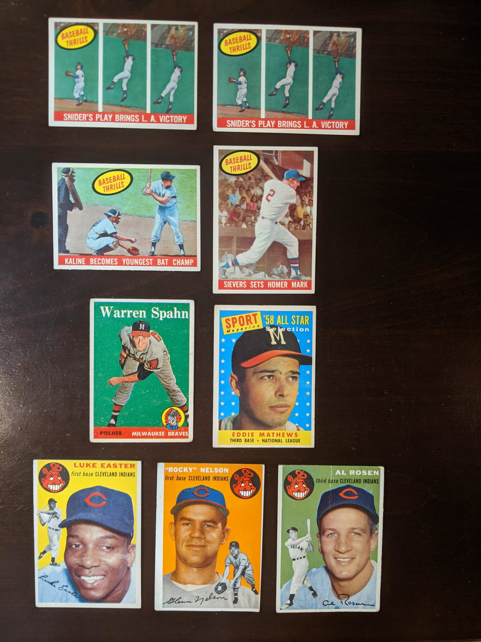 1954-59 Topps Baseball 9 card lot: 1954-59 Topps Baseball 9 card lot: 1959 Baseball Thrills Duke Snider #468 (2 cards), 1959 Baseball Thrills Al Kaline #463, 1959 Baseball Thrills Roy Sievers #465, 1958 Warren Spahn #270, 1958 Sport Ma