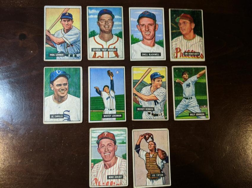 1951 Bowman Gum, Inc. lot of 10 cards: 1951 Bowman Gum, Inc. lot of 10 cards: Lehner, Munger, Blackwell, Kostanty, Zarilla, Lockman, Vernon, Johnson, Goliat, Tipton. See photos for condition.