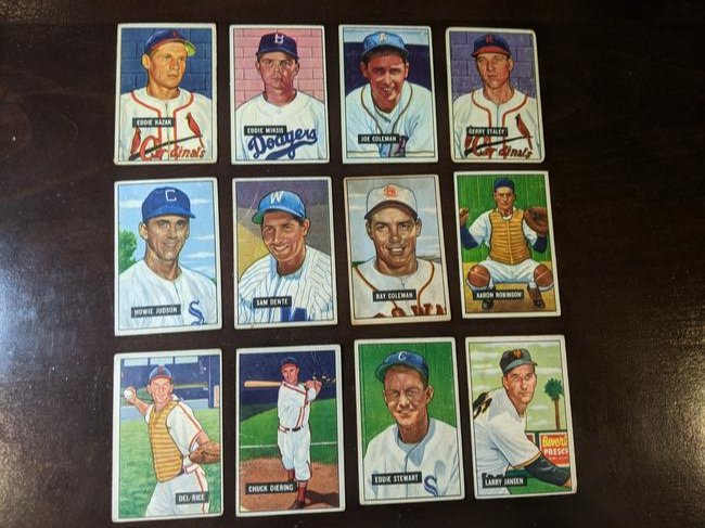 1951 Bowman Gum, Inc. lot of 11 cards: 1951 Bowman Gum, Inc. lot of 12 cards: Kazak, Miksis, Coleman, Staley, Judson, Dente, Coleman, Robinson, Rice, Diering, Stewart, Jansen. See photos for condition.