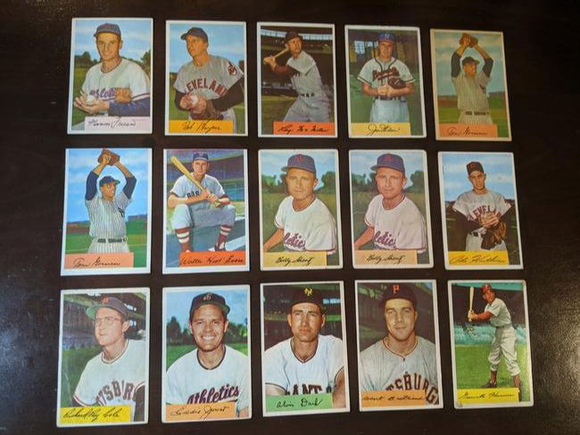 1954 Bowman lot of 15 cards: 1954 Bowman lot of 15 cards: Marion Fricano No. 3, Bob Hooper No. 4, Roy McMillan No. 12, Jim Wilson No. 16, Tom Gorman No. 17 (2 cards), Walter Evers No. 18, Bobby Shantz No. 19 (2 cards), Art Houtte