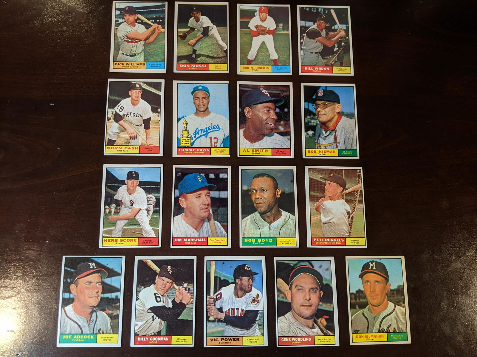 1961 Topps 17 card lot: 1961 Topps 17 card lot: Dick Williams #8, Don Mossi #14, Robin Roberts #20, Bill Verdon #70, Norm Cash #95, Tommy Davis #168, Al Smith #170, Bob Nieman #178, Herb Score #185, Jim Marshall #188, Bob Bo