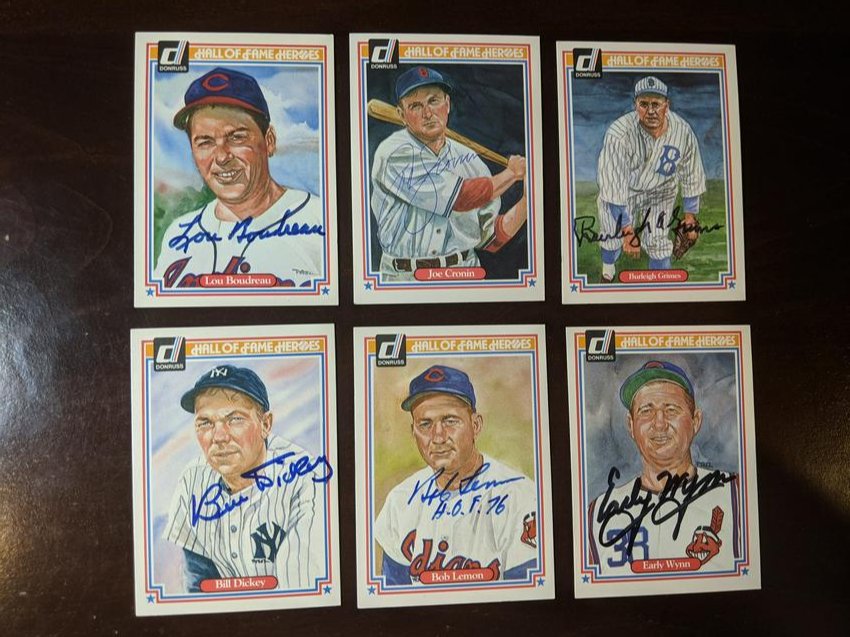 1983 Donruss Hall of Fame Heroes signed lot: 1983 Donruss Hall of Fame Heroes signed 6 card lot: Lou Boudreau, Joe Cronin, Burleigh Grimes, Bill Dickey, Bob Lemon, Early Wynn. All signatures yet to be authenticated. See photos for condition.
