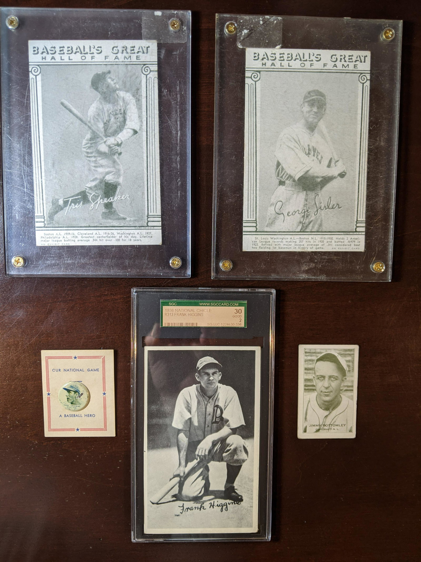 Hank Greenberg, Tris Speaker plus lot: Baseball's Great Hall of Fame Tris Speaker exhibit card, Baseball's Great Hall of Fame George Sisler exhibit card, 1936 National Chicle R313 Frank Higgins (SGC Graded 2), Hank Greenberg Our National G