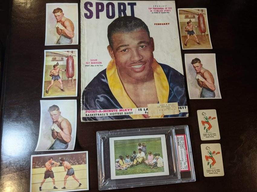 1920s - 1950s Boxing memorabilia: 1920s - 1950s Boxing memorabilia: February 1952 Sport Magazine (Sugar Ray Robinson cover), 1932 Sanella Margarine (Handbuch De Sports) set of 6 boxing cards, 1928 Amatller Chocolate Gene Tunney #26 (R