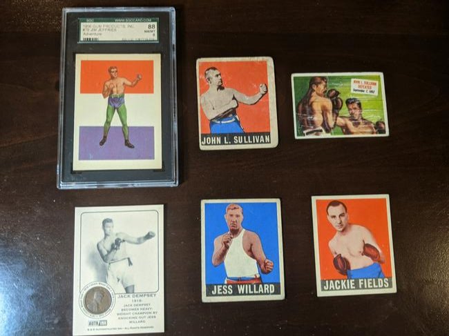 Jeffries, Sullivan, Dempsey boxing card lot: Jeffries, Sullivan, Dempsey 6 card boxing lot: 1956 Gum Products Jim Jeffries #79, 1948 Leaf Gum John Sullivan #101, 1954 Topps Scoop John Sullivan Defeated #71, Authenticated Ink Jack Dempsey 1919 Li
