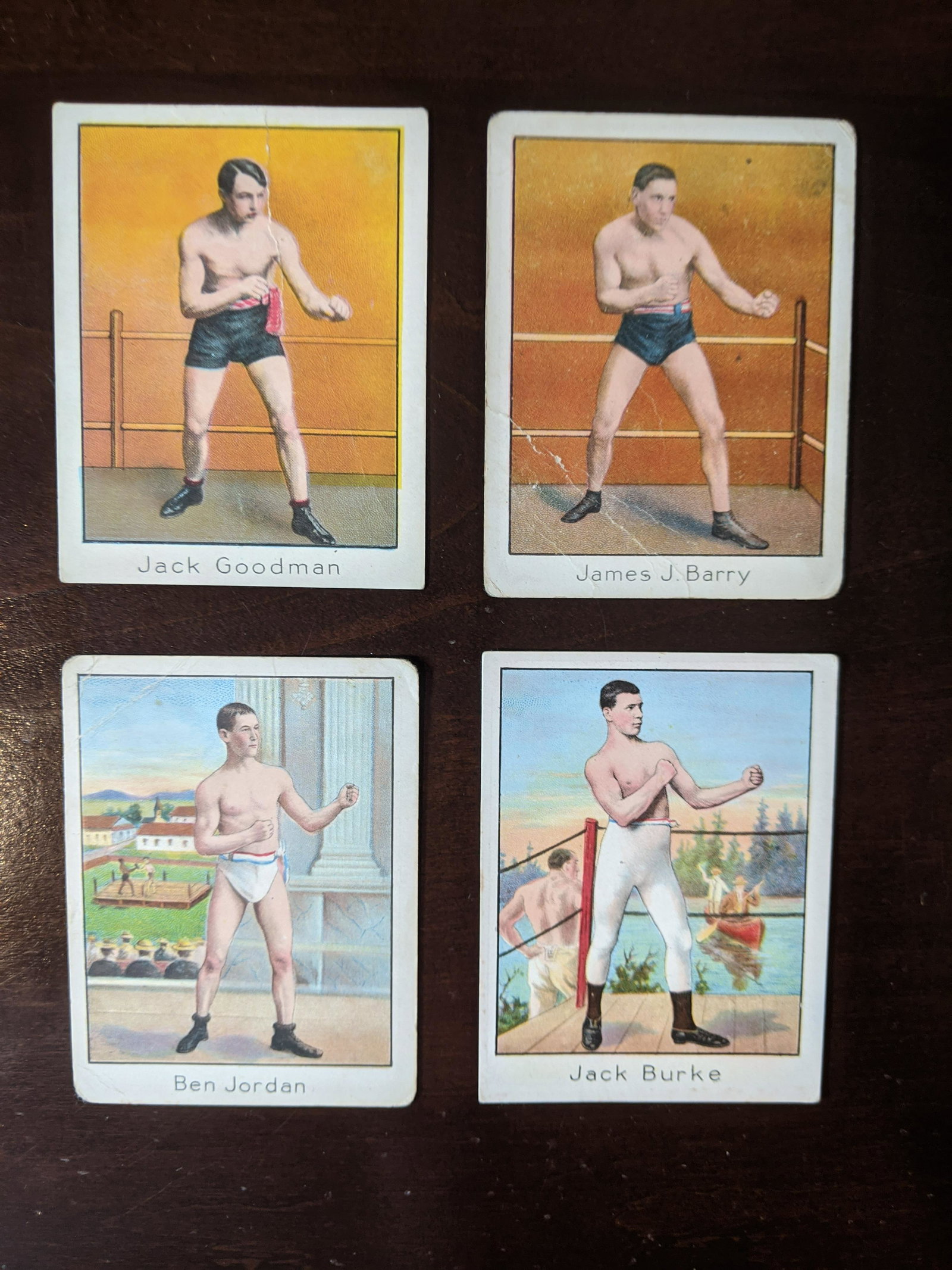 1910 T220 Mecca Cigarettes 4 card lot: 1910-1912 T220 Mecca Cigarettes 4 card lot: Jack Goodman (1910), James Barry (1910), Ben Jordan (1910), Jack Burke (1912). See photos for condition.