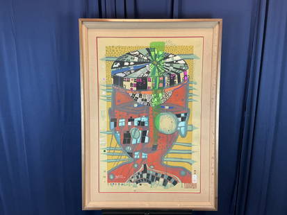 FRIEDENSREICH HUNDERTWASSER "ONE OF FIVE SEAMEN" NUMBERED 141/250 LITHO: FRAMED 31" X 43" RARE ARTWORK FROM POPULAR ARTIST