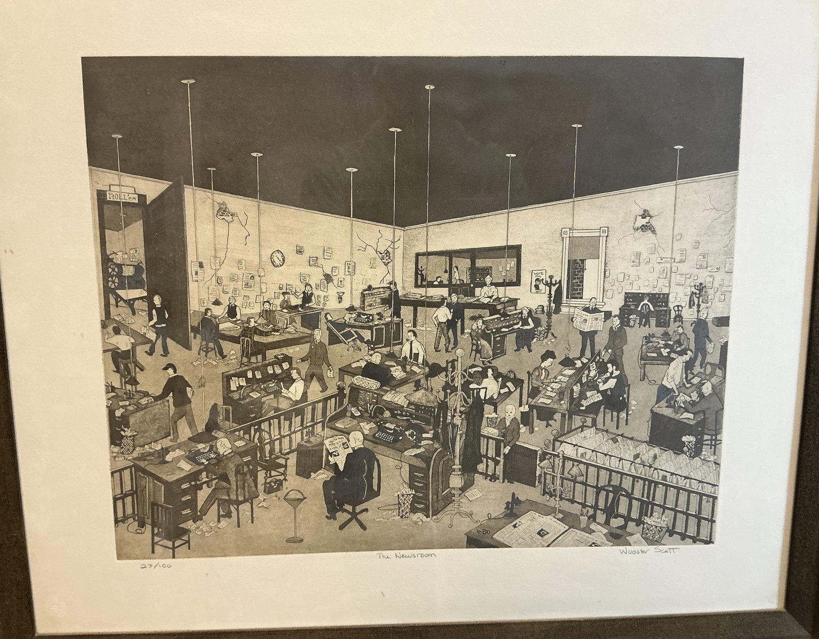 " THE NEWSROOM" LITHOGRAPH SIGNED NUMBERED 27/100 BY WOOSTER SCOTT: FRAMED 24" X 28"
