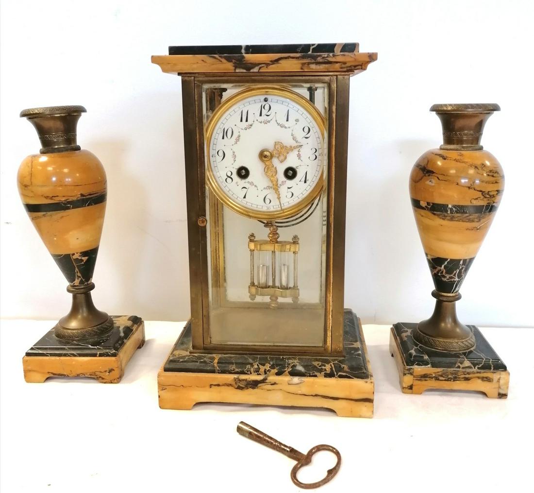 Fourglass clock garniture in brass & 2 coloured marble (1 of 4)
