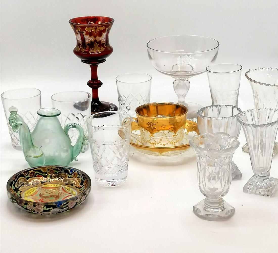 Collection of antique glassware including a red: collection of antique glassware including a red Bohemian goblet 6.5" high; some damage but not to the Bohemian goblet