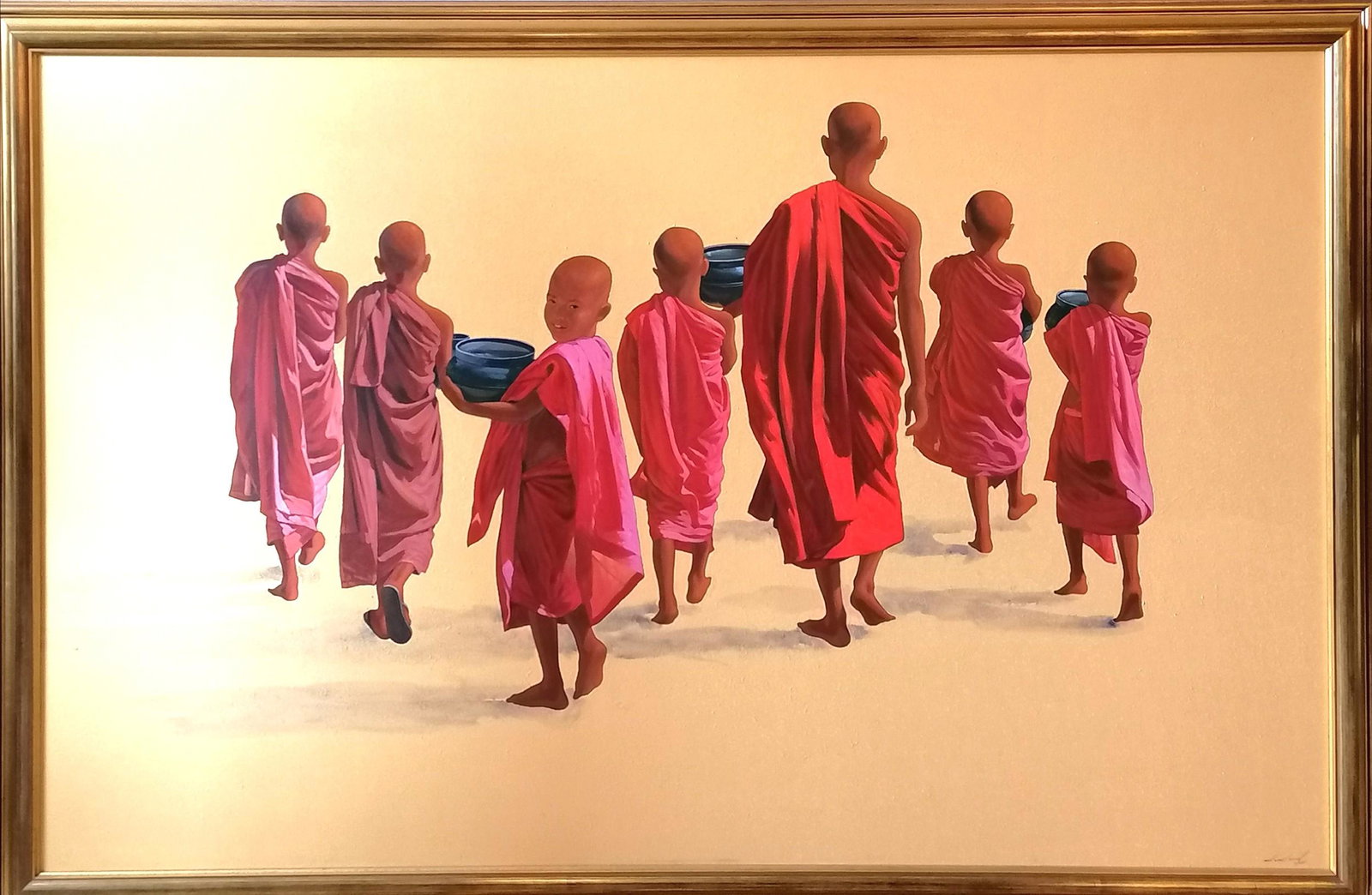 MIN WAE AUNG Large Acrylic on canvas. By the renowned: MIN WAE AUNG Large Acrylic on canvas. By the renowned contemporary artist who's works have been exhibited in many capitols around the world. Novices walking with offering bowls, signed and dated 2001,