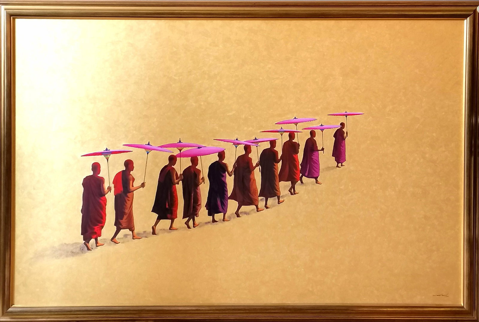 MIN WAE AUNG Large Acrylic on canvas. By the renowned: MIN WAE AUNG Large Acrylic on canvas. By the renowned contemporary artist who's works have been exhibited in many capitols around the world. Monks on midday walk with parasols, signed and dated 2001,