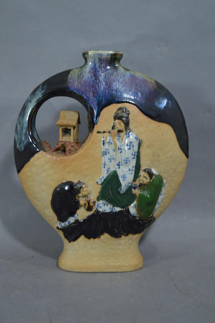 SUMIDA GAWA VASE WITH WOMAN PLAYING FLUTE. 12" x 9" (1 of 3)