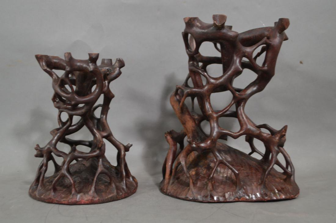 2 ANTIQUE CARVED ROOT WOOD CHINESE STANDS. 10" x 8.5" (1 of 2)