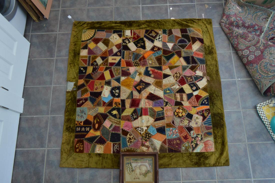 ANTIQUE NEEDLEPOINT CRAZY QUILT. 60" X 60" (1 of 7)
